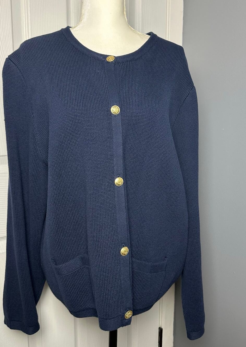 J Crew Women's Navy Blue Knit Lady Sweater Cardigan Gold Buttons 2x Preppy